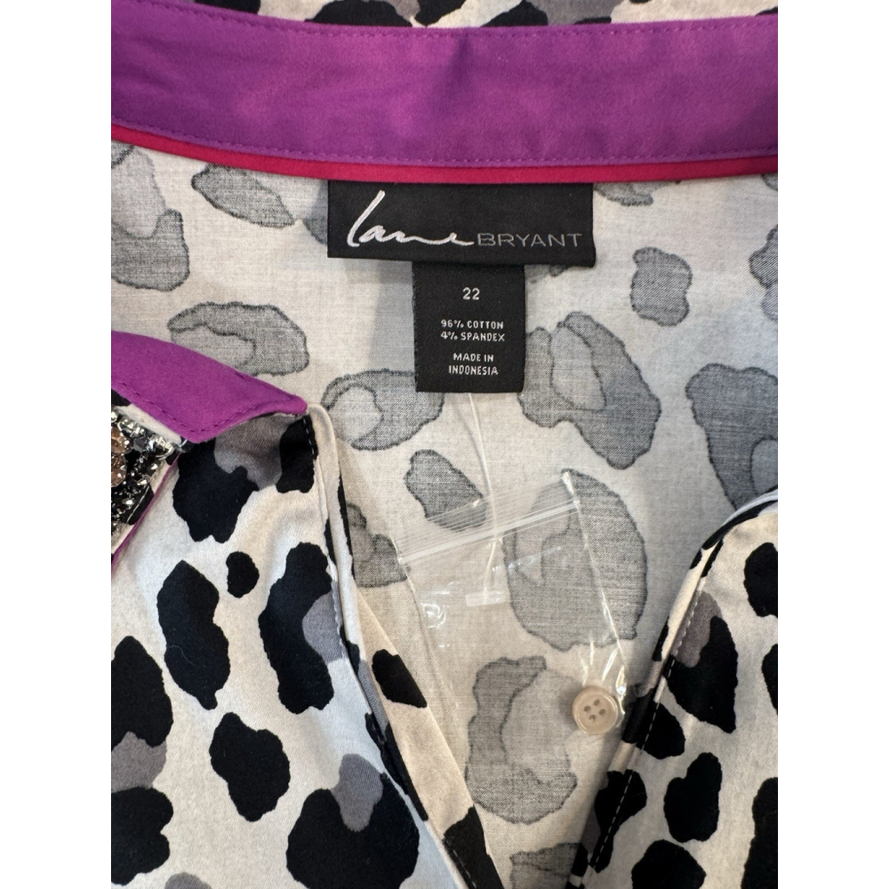 LANE BRYANT Leopard Print Blouse 22 Embellished Collar Button Front Purple Cuffs - Picture 9 of 11